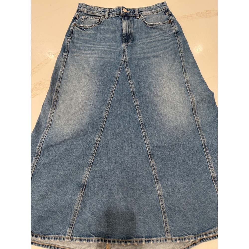 Zara Womens Blue Denim Maxi Skirt A-Line Long Flare Jean Skirt Size Large